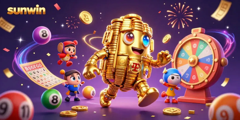 Join the fun with sunwin as golden golems and colorful lottery elements create an exciting casino atmosphere.