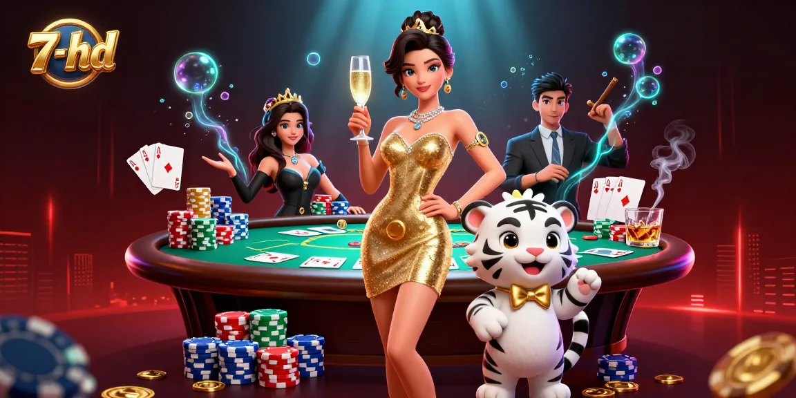 Experience online excitement with 7-hd's glamorous casino scene featuring poker and a lucky tiger.