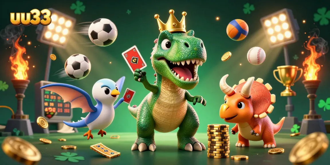 uu33 engages players with a vibrant 3D casino scene featuring a T-Rex card dealer.