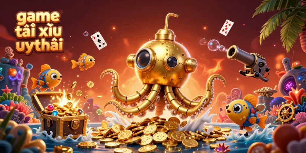 Engage in game tài xỉu uy tín with a lavish 3D underwater scene featuring winning treasures and themed elements.