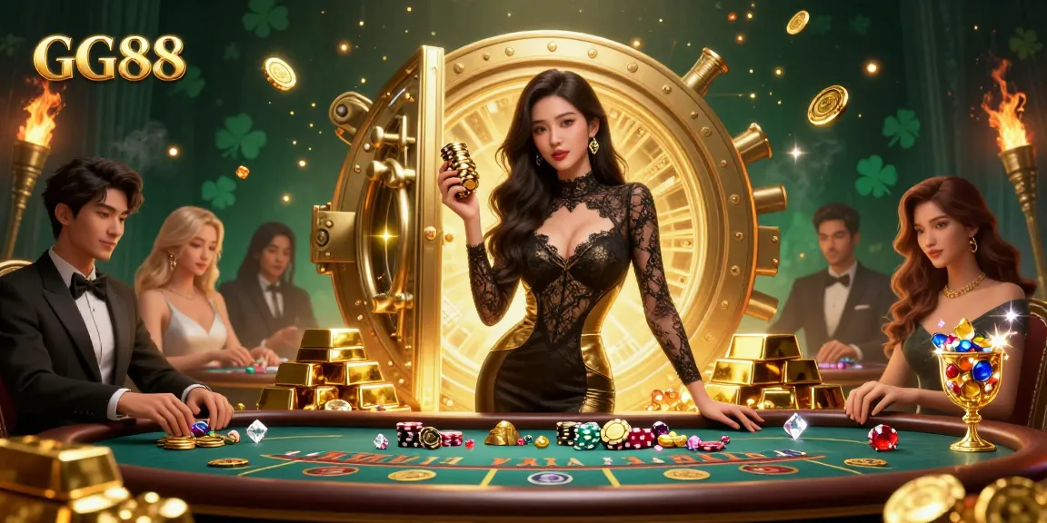 GG88 players enjoy high-stakes gaming at a VIP baccarat table amidst heaps of gold and gems.