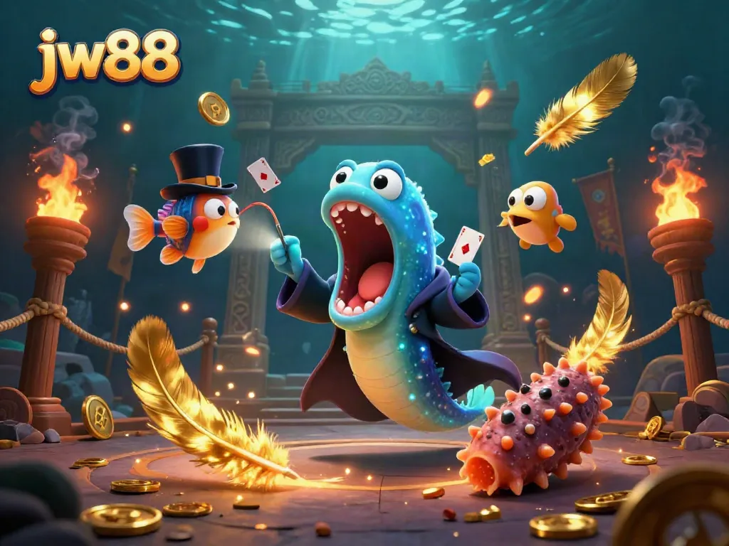 Experience thrilling card tricks with the jw88 deep-sea magician and friends in this vibrant casino scene.