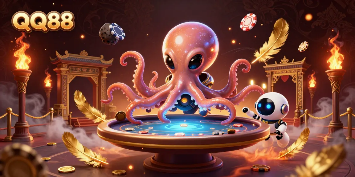 Engage in thrilling poker action at QQ88 with an alien octopus and robot in a vibrant casino setting.