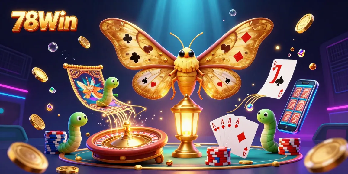 78Win showcases a vibrant casino scene featuring a majestic atlas moth, golden chips, and vibrant slot reels.