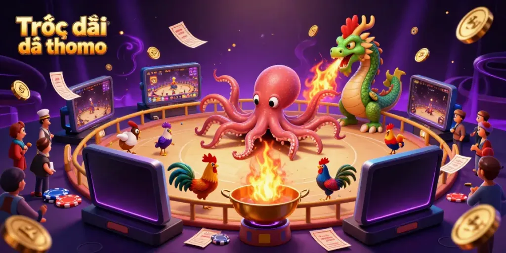 Engage in Trực tiếp đá gà thomo with a dynamic illustration of a roosters' fight in a vibrant arena featuring betting elements.
