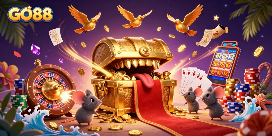 Engage in exciting gameplay as GO88 presents a vibrant casino scene filled with treasures and animated characters.
