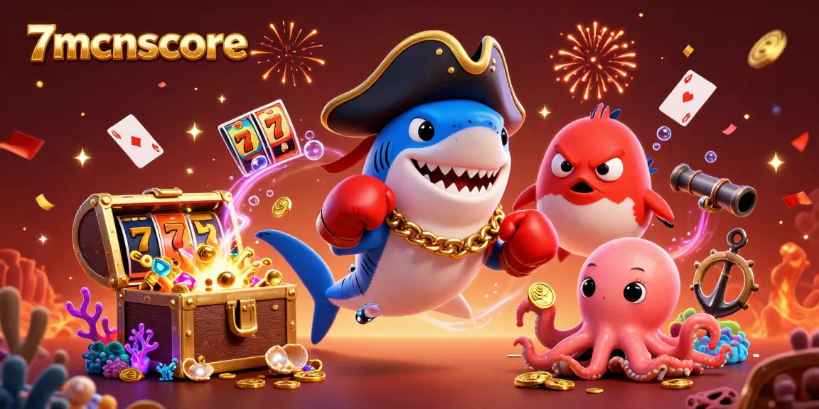 Engage in thrilling gameplay at 7mcnscore with cartoon characters enjoying slot machines and treasures!
