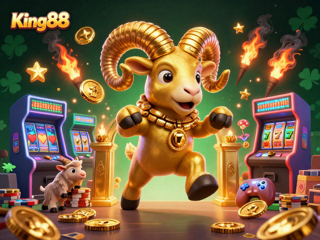 Experience King88's thrilling atmosphere with a golden ram charging through dazzling casino elements.