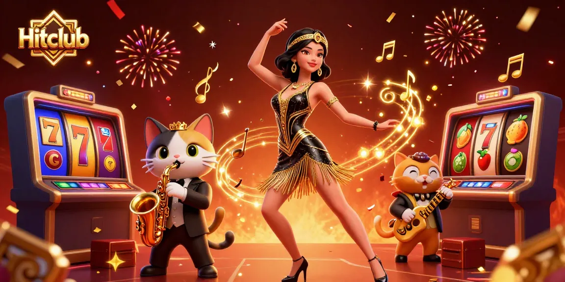 Engage in excitement at Hitclub with a lively scene of gaming celebration featuring a unique blend of characters and casino elements.