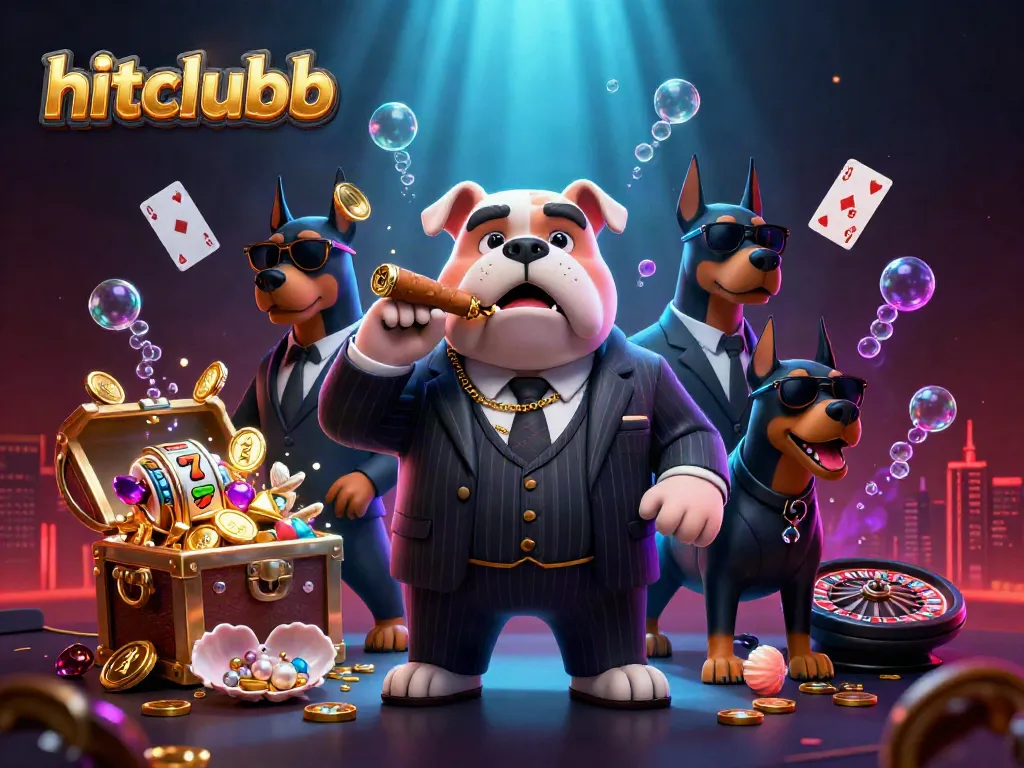 Experience hitclubb excitement with a mafia bulldog and Dobermans in a vibrant casino scene, featuring slots and treasure.