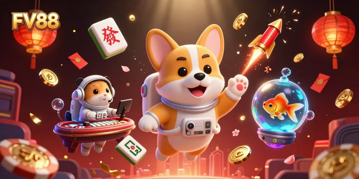 Experience the excitement of FV88's vibrant casino with floating characters and dynamic game elements.