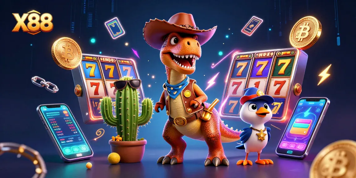 X88 engages players with thrilling slots showcased by a cowboy dinosaur and friends.