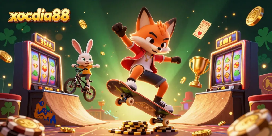 Xocdia88 showcases colorful 3D characters engaging in vibrant casino action with slots and coins.