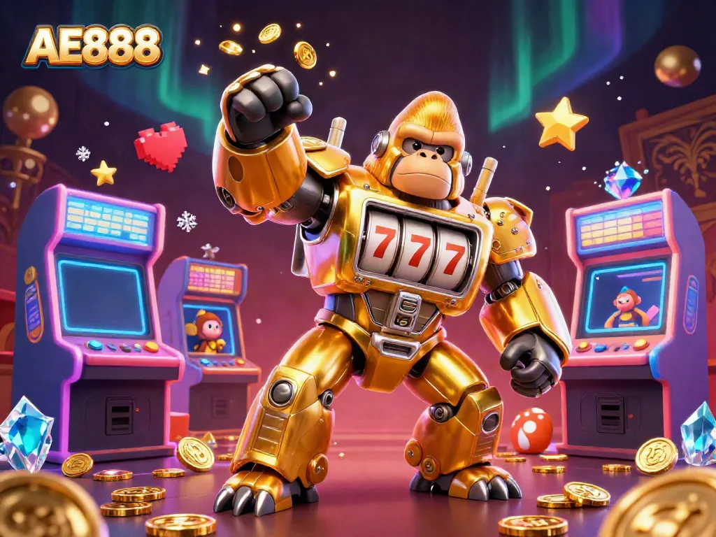 Engage with AE888 in a dynamic 3D illustration of a gaming gorilla mech surrounded by vibrant casino elements.