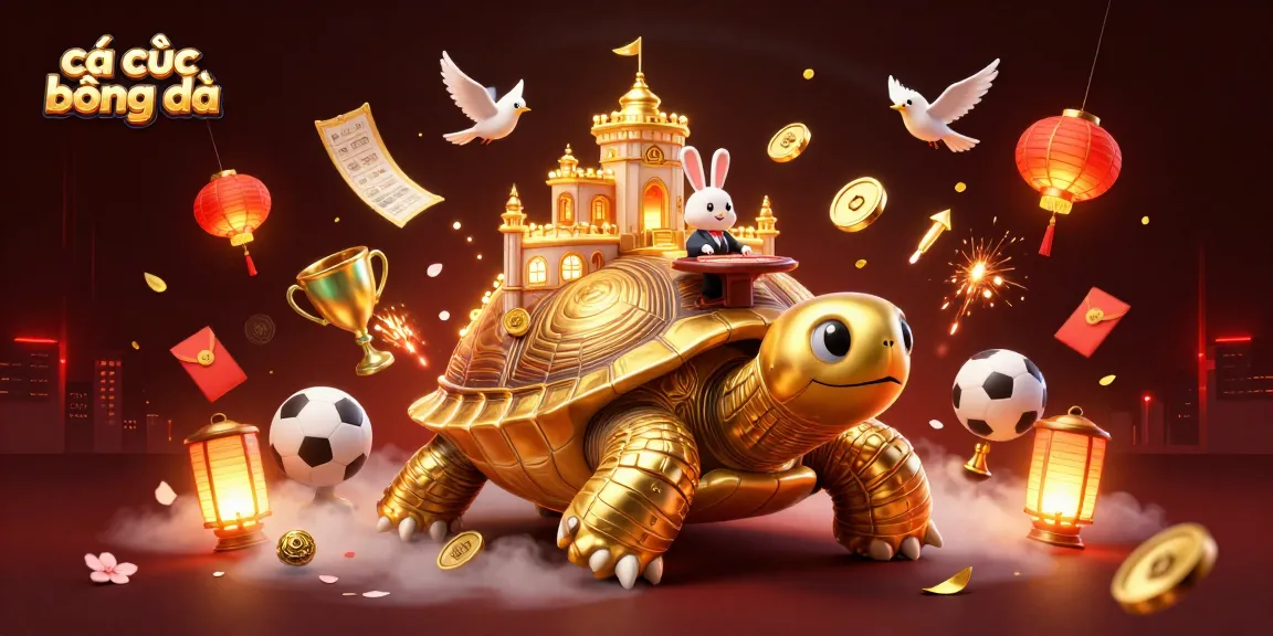 Engage in cá cược bóng đá with a 3D golden tortoise casino illustration featuring sports betting elements.