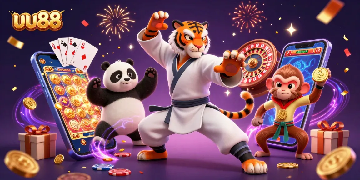 Engaging scene showcasing uu88's vibrant gaming experience, highlighting a martial arts master and exciting casino elements.