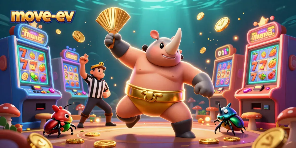 Experience the excitement of move-ev with a dynamic 3D casino scene featuring a beetle champion and slot machines.