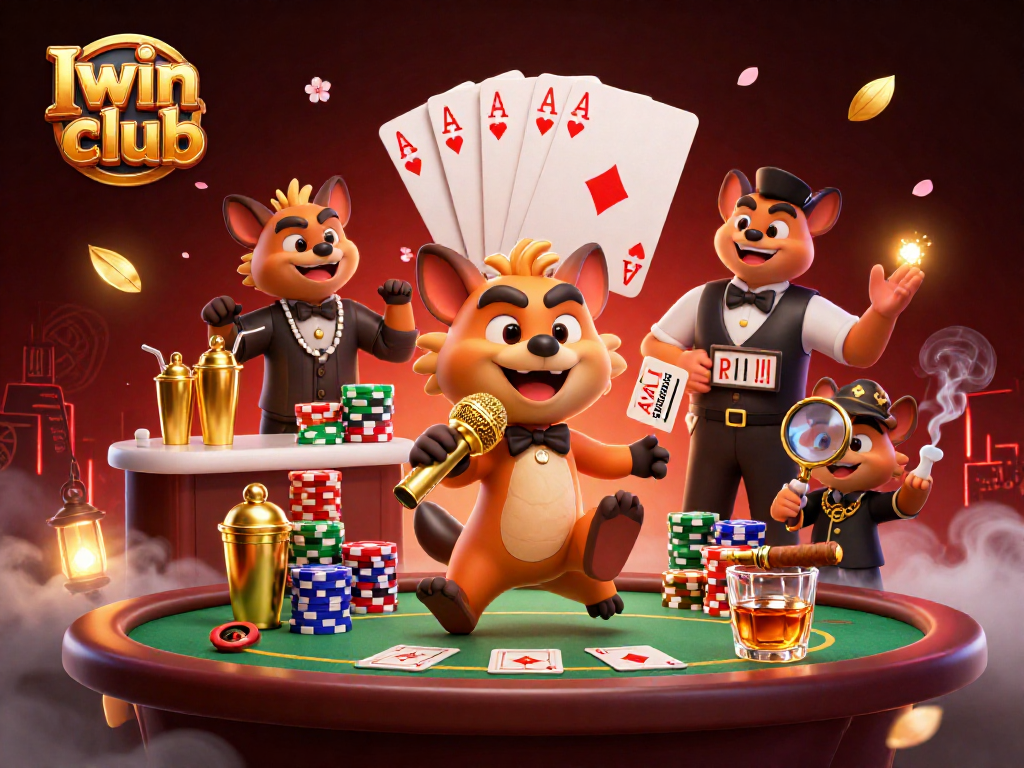 Iwin club hyenas showcase a lively casino scene with comedy, cocktails, and card games in vibrant colors