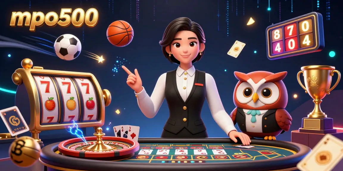 Engage with mpo500's dynamic baccarat scene featuring an elegant dealer and charming assistant amidst vibrant slot and sports elements.