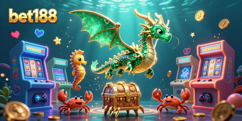 Join the excitement of bet188 with vibrant 3D casino characters and game elements illustrating classic slots.