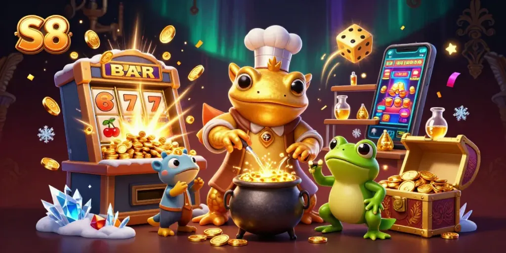 S8 offers thrilling slot machine action with golden alchemy in an enchanting casino scene.