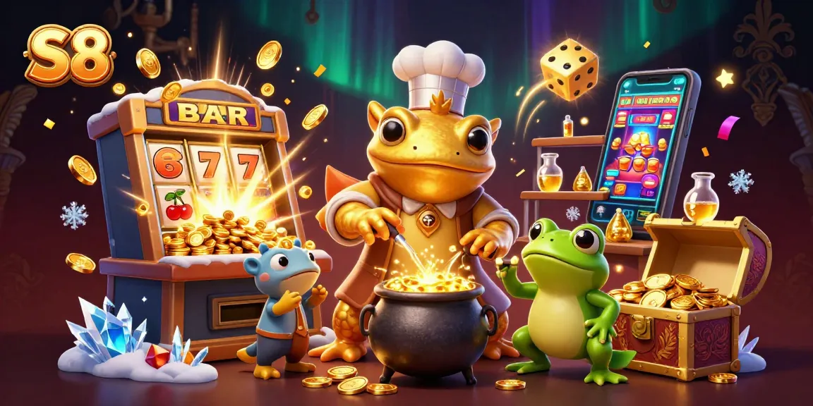 S8 offers thrilling slot machine action with golden alchemy in an enchanting casino scene.