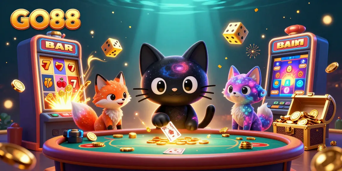 Experience GO88's cosmic casino excitement with a whimsical black hole cat and treasure-filled visuals.