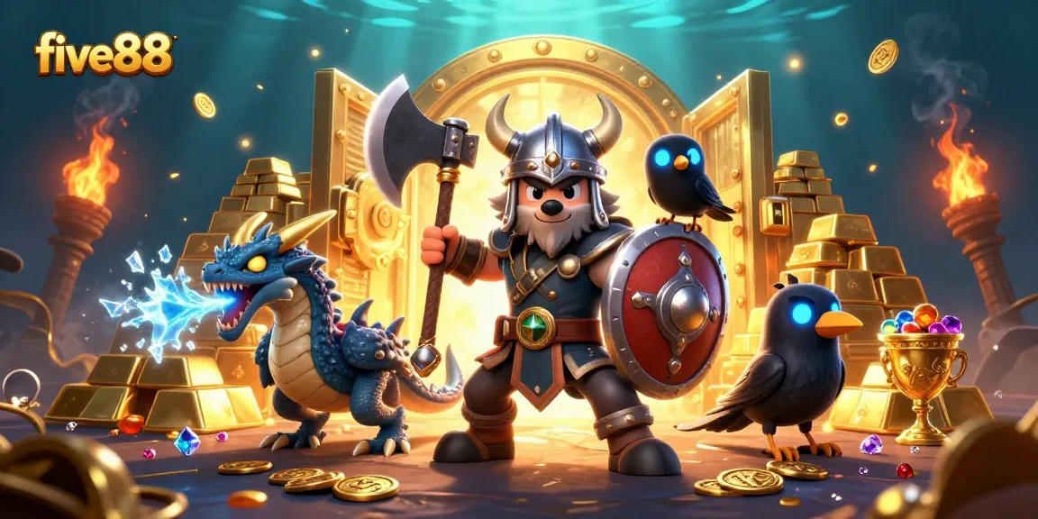 Experience thrilling adventures at five88 with a Viking warrior and magical creatures amidst treasure.