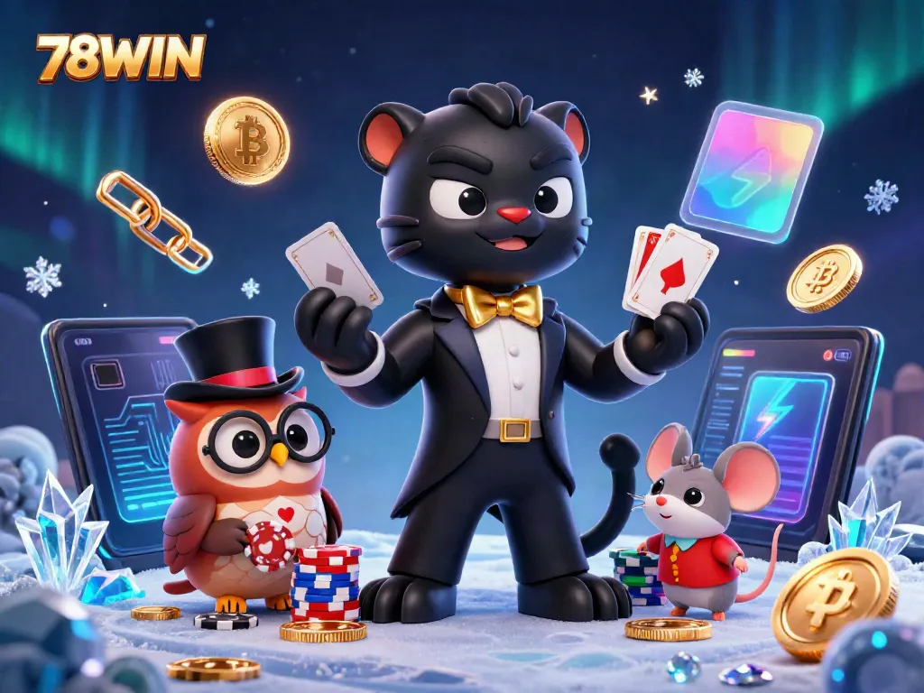Engaging scene at 78WIN where a stylish panther deals cards, an owl holds chips, and a mouse observes, set in a vibrant casino atmosphere.