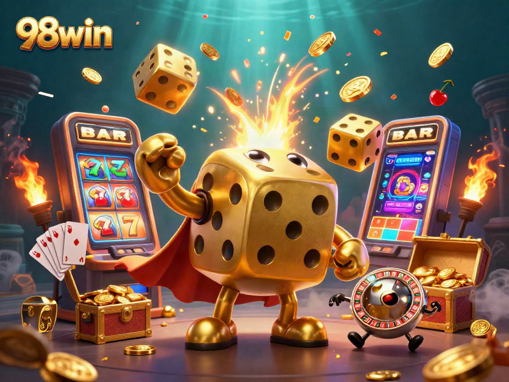 Engage with thrilling slots and jackpots at 98win, featuring golden dice golem in exciting casino scene.