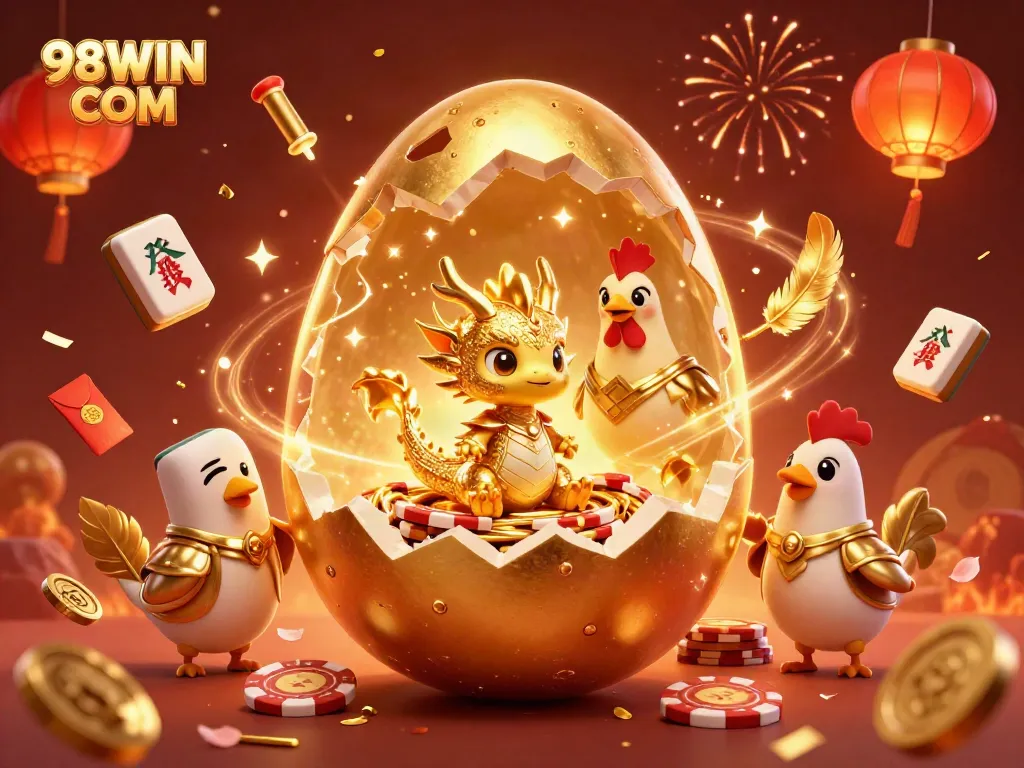Experience thrilling action at 98WIN COM with a golden dragon and poker chips amidst vibrant celebrations.