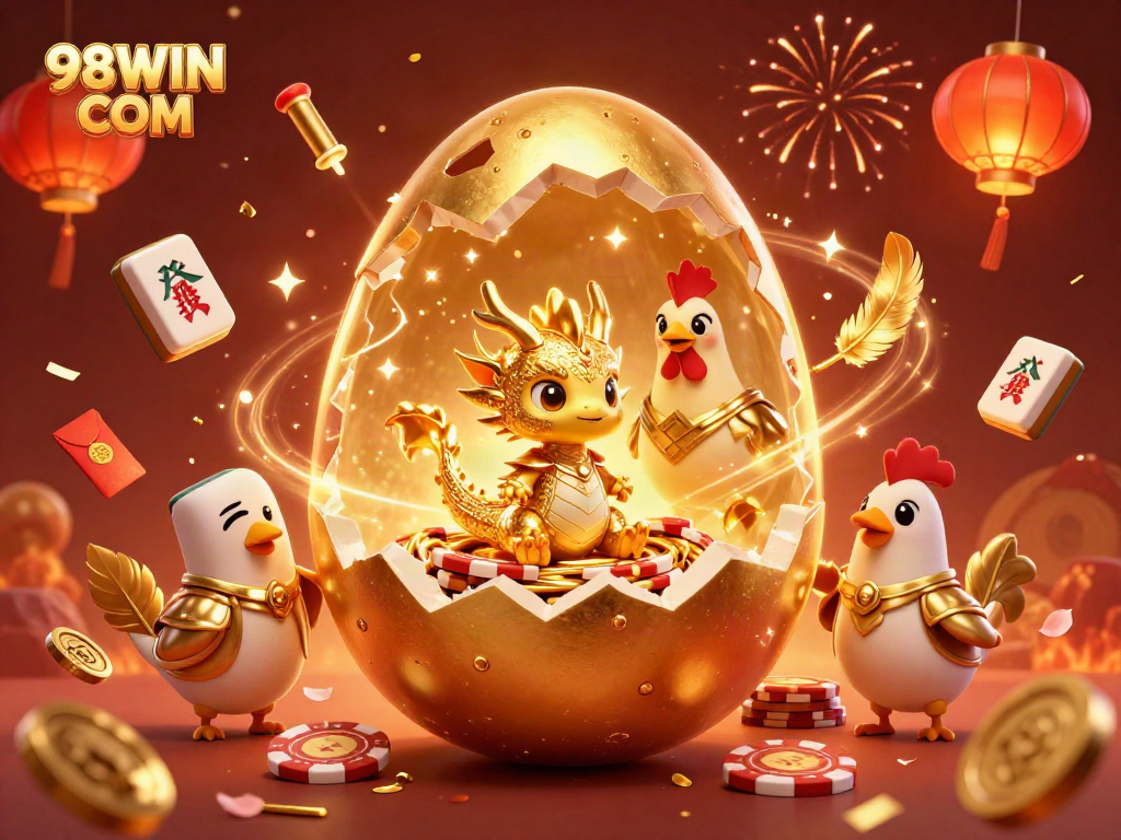 Experience thrilling action at 98WIN COM with a golden dragon and poker chips amidst vibrant celebrations.