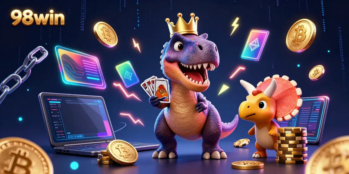 98win cartoon illustration featuring a T-Rex shuffling cards and collecting chips in a vibrant casino setting