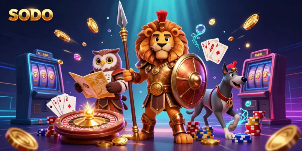 Engage with SODO's thrilling gaming scene featuring vibrant characters and a dynamic casino environment.