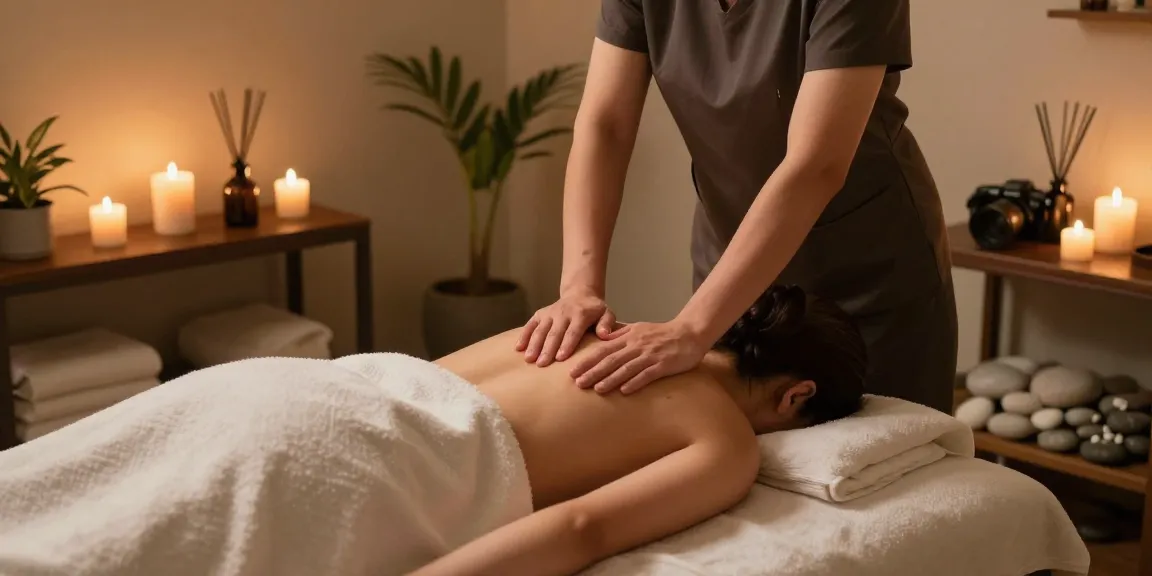부천출장마사지 with a serene massage setting, therapist using gentle techniques on a client.