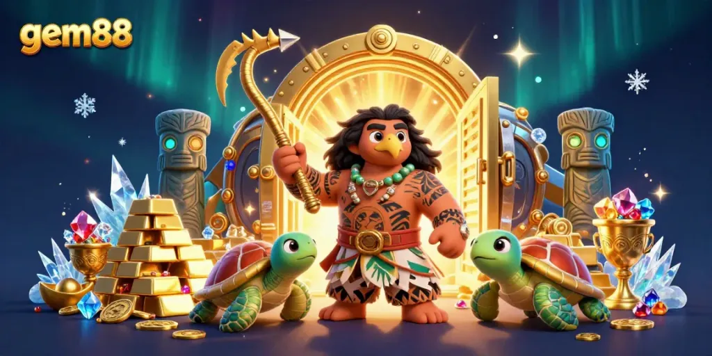 Engage with gem88's thrilling casino experience featuring a vibrant Hawaiian demigod and treasures.