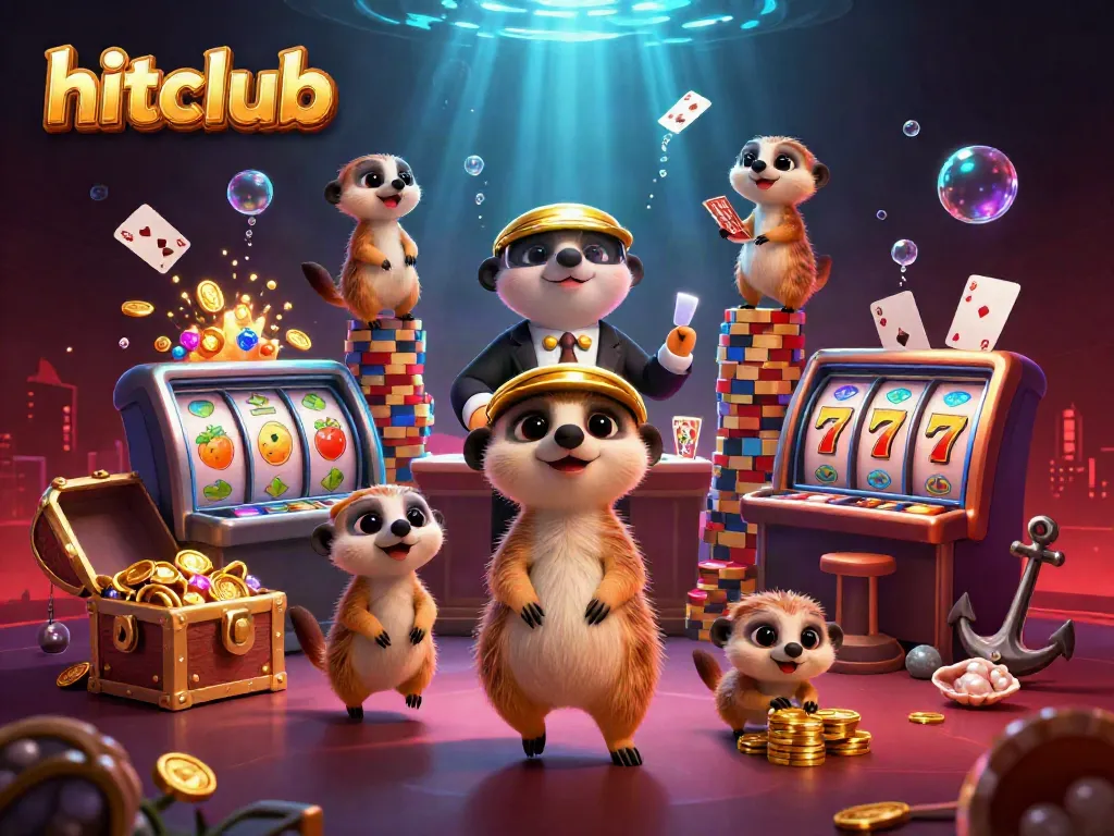Hitclub meerkats at an energetic casino scene showcasing vibrant slots and dynamic treasures.