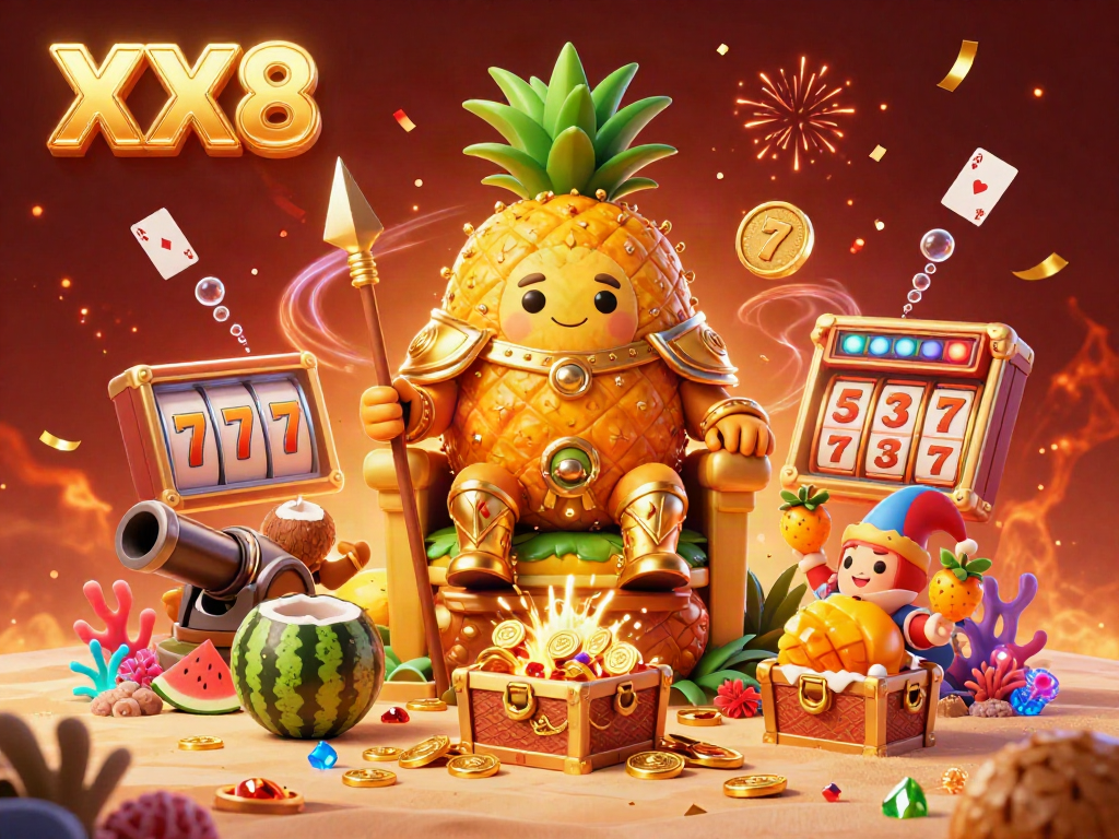 Engage in the vibrant world of XX8 with a golden pineapple king, casino elements, and dynamic treasures.
