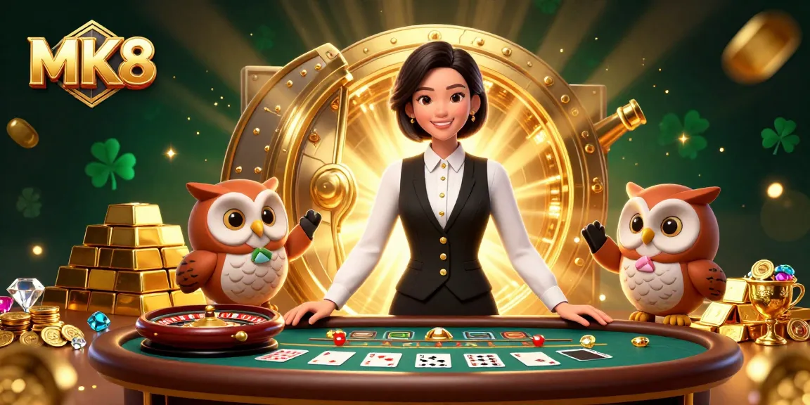 Engage with MK8's dynamic gaming scene featuring Asian dealer and owl assistant among golden treasures.