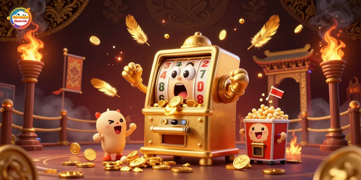 Experience the thrilling tỷ lệ nhà cái scene with a surprised golden slot machine hitting a jackpot as coins fly out.
