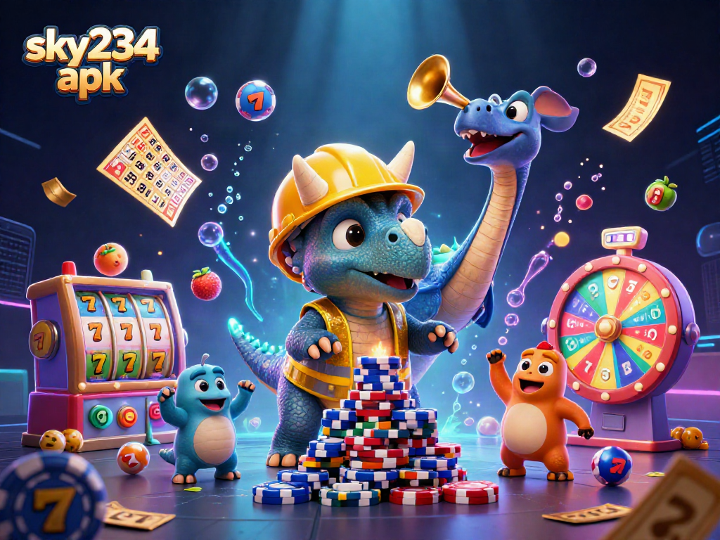 Engage with the excitement of sky234 apk in this vibrant casino-themed 3D illustration featuring dynamic characters and elements.
