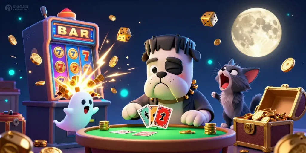 Experience bóng đá trực tuyến xoilac tv with a thrilling illustration of a card-dealing bulldog and colorful casino elements.