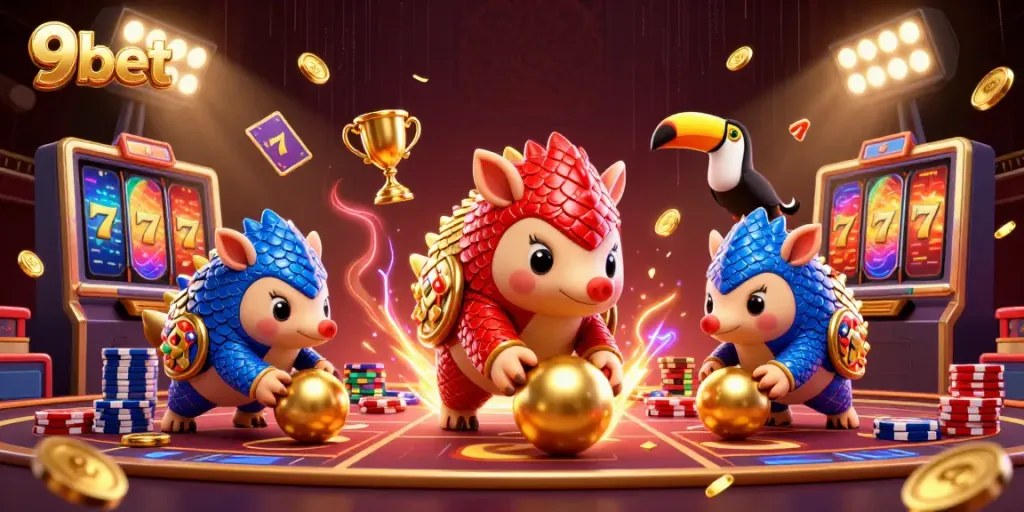Rival pangolins in colorful armor competing in a dynamic casino setting, representing 9bet gaming excitement.