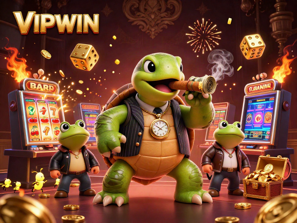 Experience the excitement of VIPWIN with a vibrant 3D casino scene filled with winning symbols.