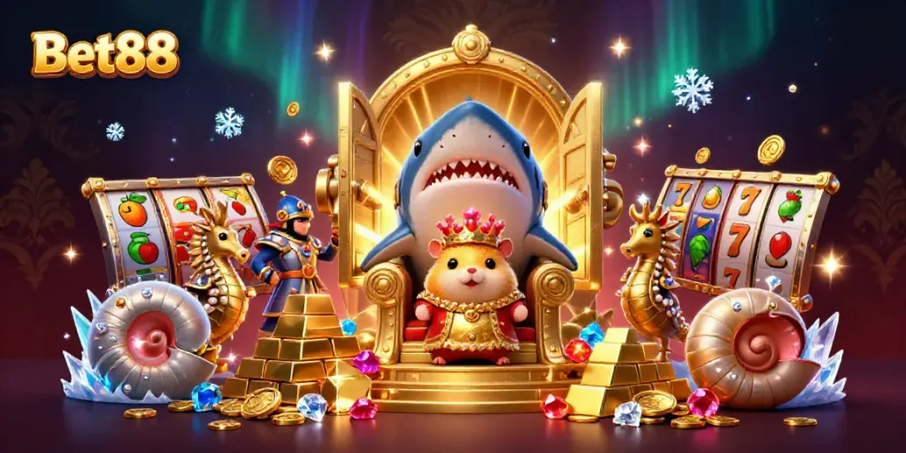 Bet88's thrilling casino scene featuring a hamster king and slot elements amidst treasure