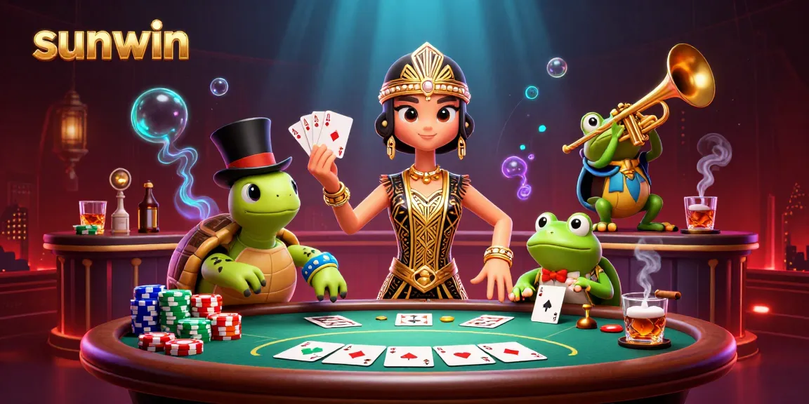 Engage with the vibrant world of sunwin at a speakeasy bar with lively characters and poker elements.