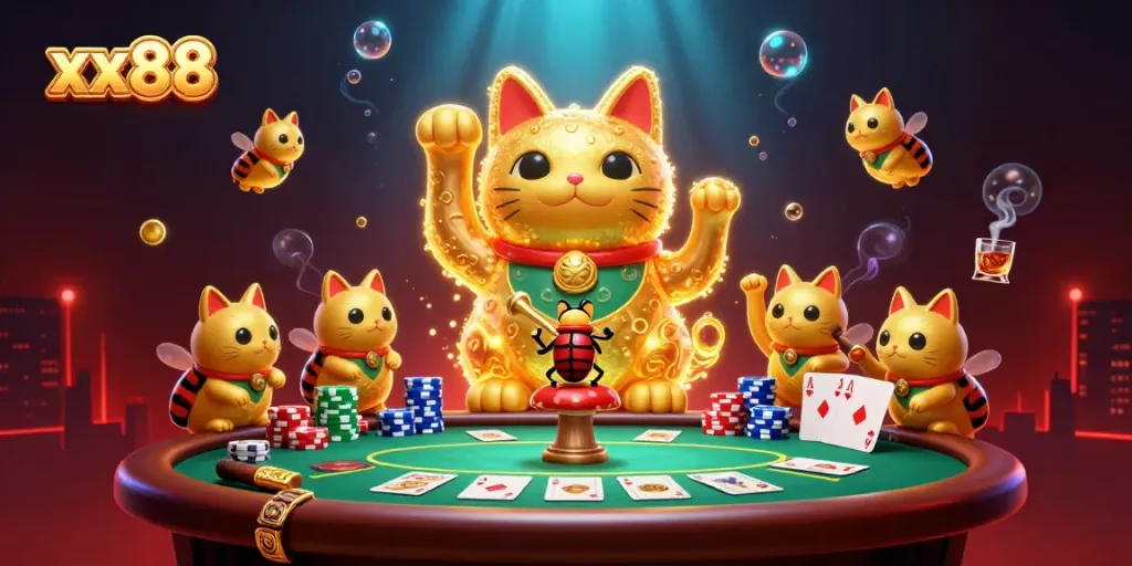 Experience big wins with xx88's vibrant 3D lucky cat symbolizing casino excitement and fun.