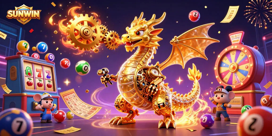 SUNWIN casino illustration with a golden dragon and vibrant game elements like spinning slot reels and lottery balls.
