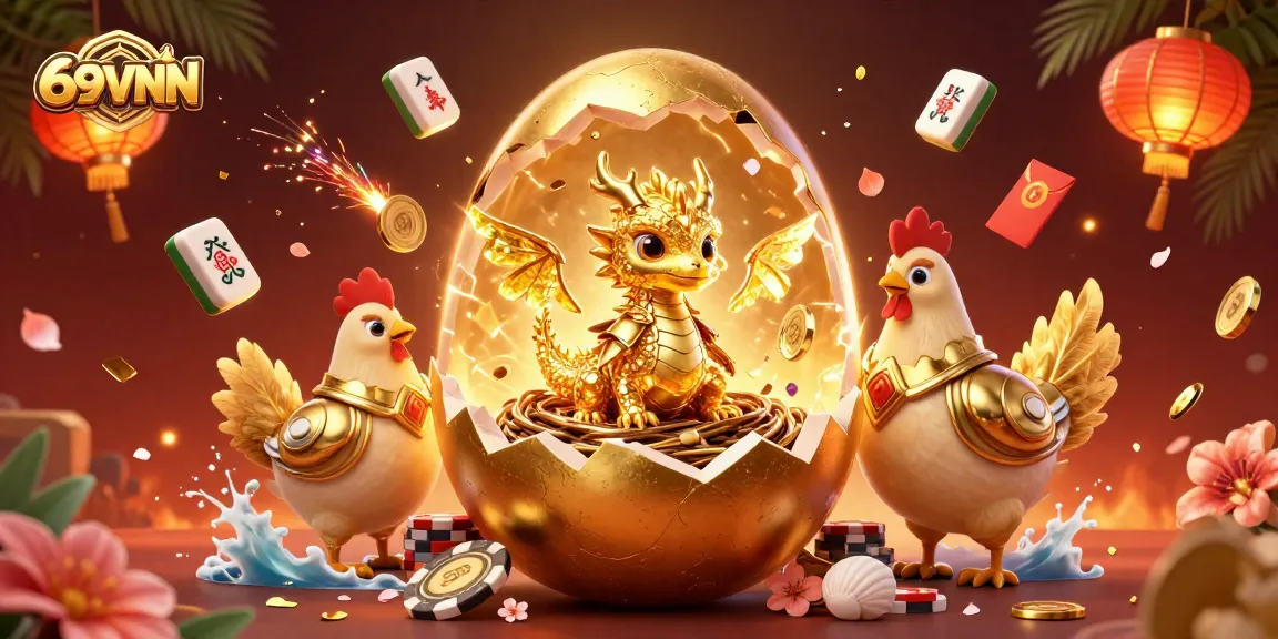 Explore the vibrant casino experience at 69VNN, revealing a golden dragon amidst lively gaming elements.