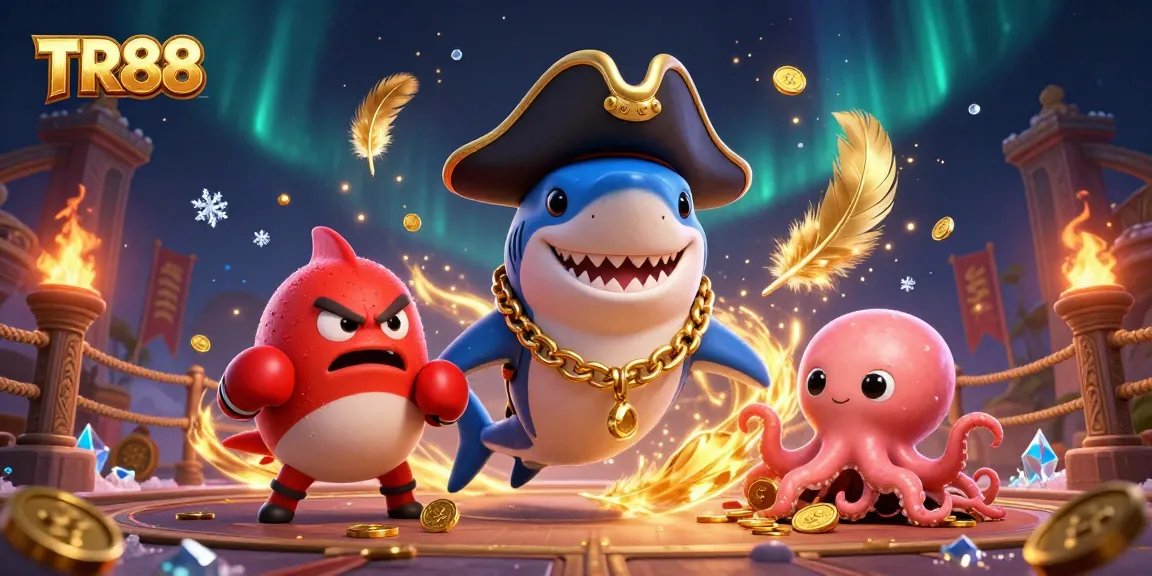Experience thrilling gaming at TR88 with a cartoon pirate shark and friends amid sparkling coins and exciting elements.